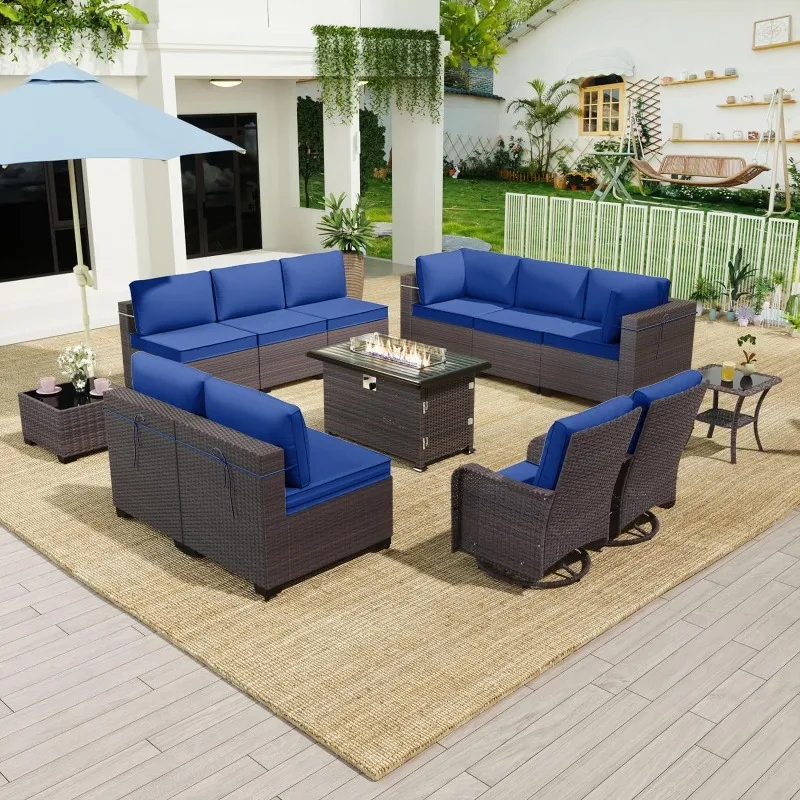 13 Pieces Outdoor Patio Furniture Set with 2 Swivel Rocking Chairs&55,000 BTU Gas Fire Pit Table