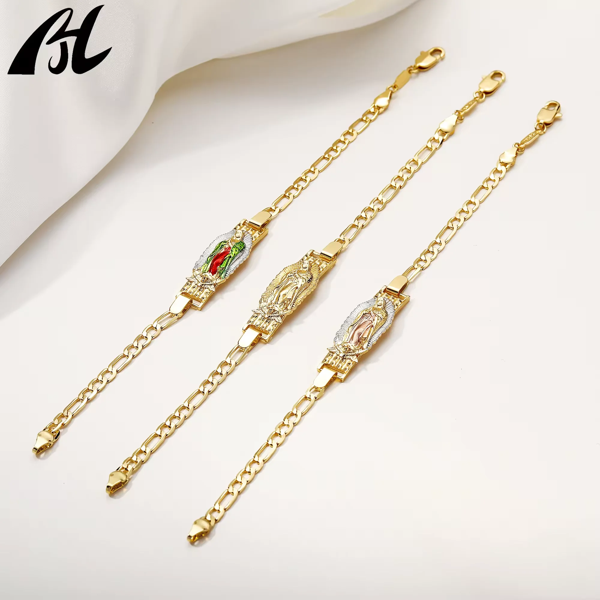 Hot Sale Oro 14k Gold Plated Pulseras Brass Alloy Three Tone Religious Virgen De Guadalupe Figaro Chain Charm Bracelet