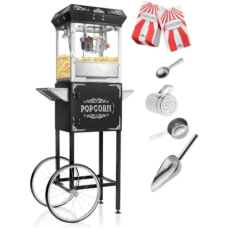 Olde Midway Vintage Style Popcorn Machine Maker Popper with Cart and 6-Ounce Kettle - Black