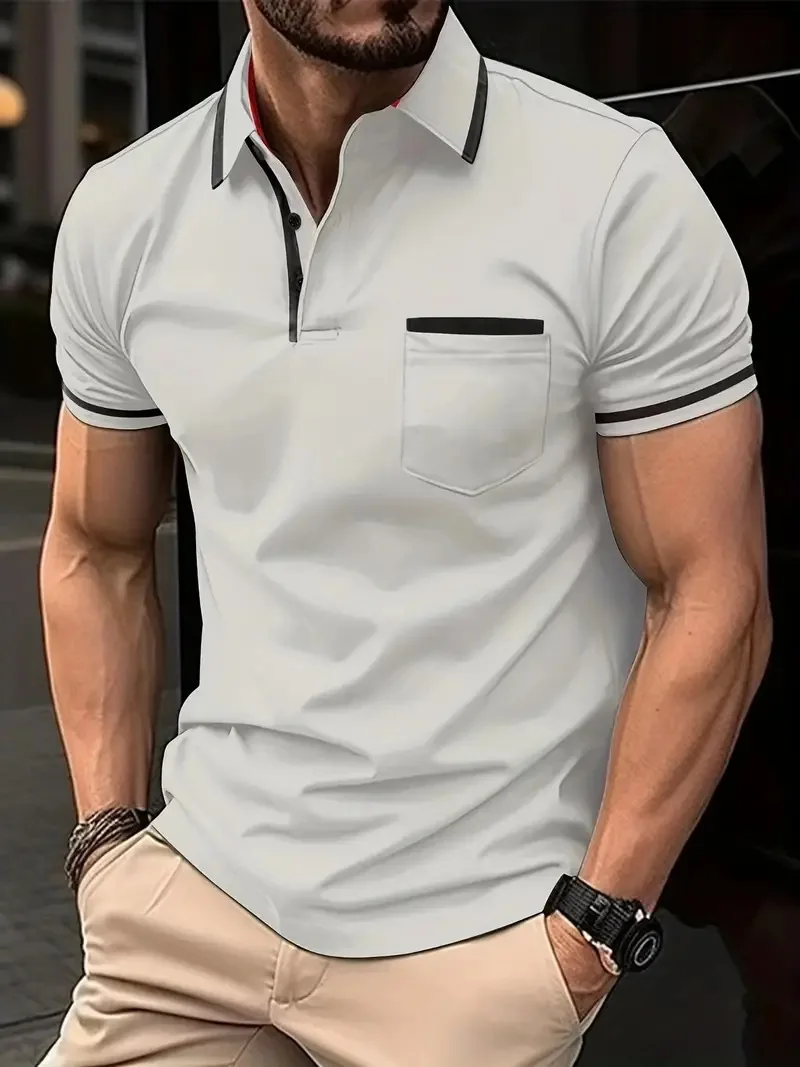 

Summer men's casual short-sleeved Polo shirt Office fashion striped lapel T-shirt Men's breathable Polo shirt clothing