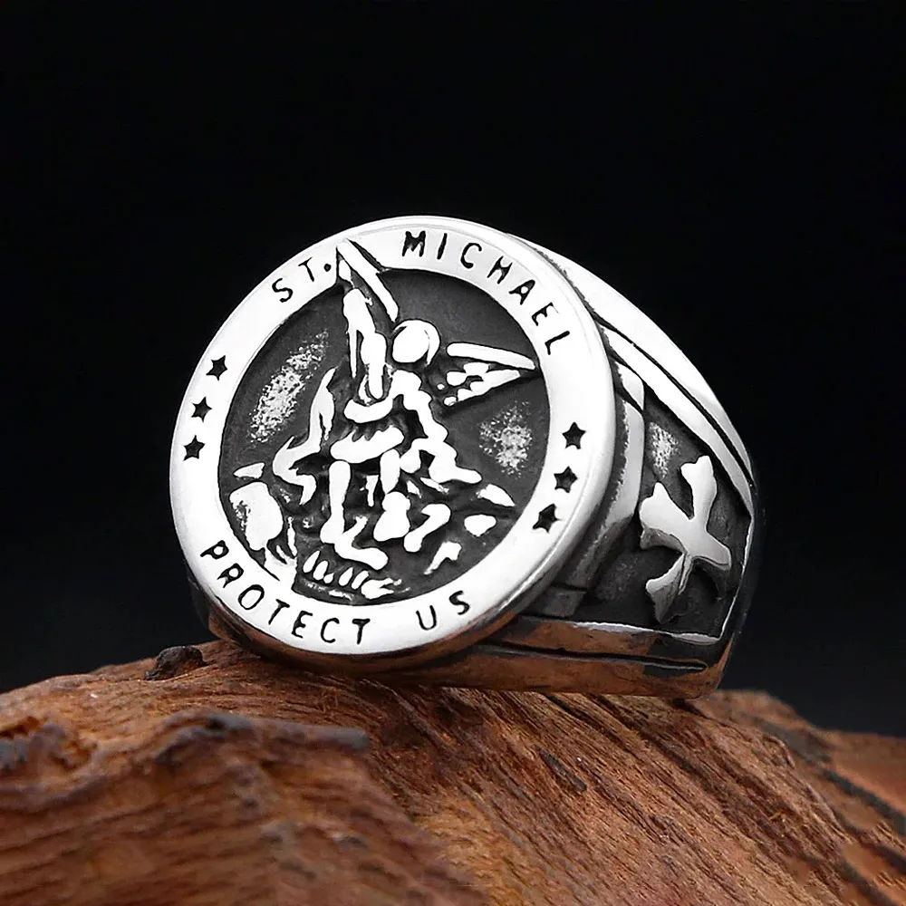 Vintage Saint Michael Archangel Exorcism Signet Ring Stainless Steel Cross Star Wide Finger Band For Men Street Trendy Jewelry