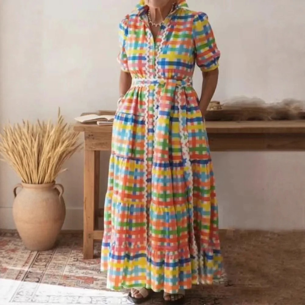 

2026 Fashionable Color Block Dress Short Sleeve High Waist Long Loose Maxi Dress