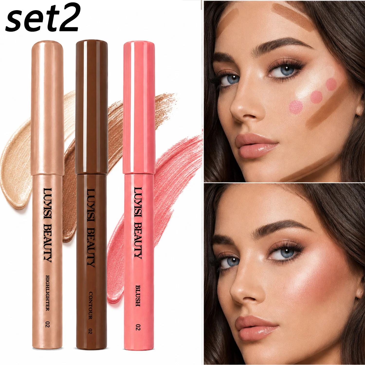 3pcs/Set Face Makeup Pen,Contour+Blush+Highlighter,Waterproof,Buildable Coverage,Velvet Matte&Pearl Glow-Nourishing,All Day Wear
