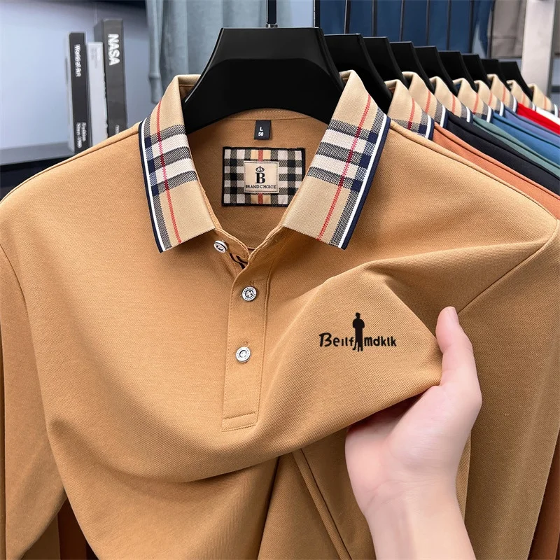Fashion Men's Autumn New Style Cotton Warm Print Polo Shirt Original Containing Color Long Sleeve Top Comfort Office Men's Wear
