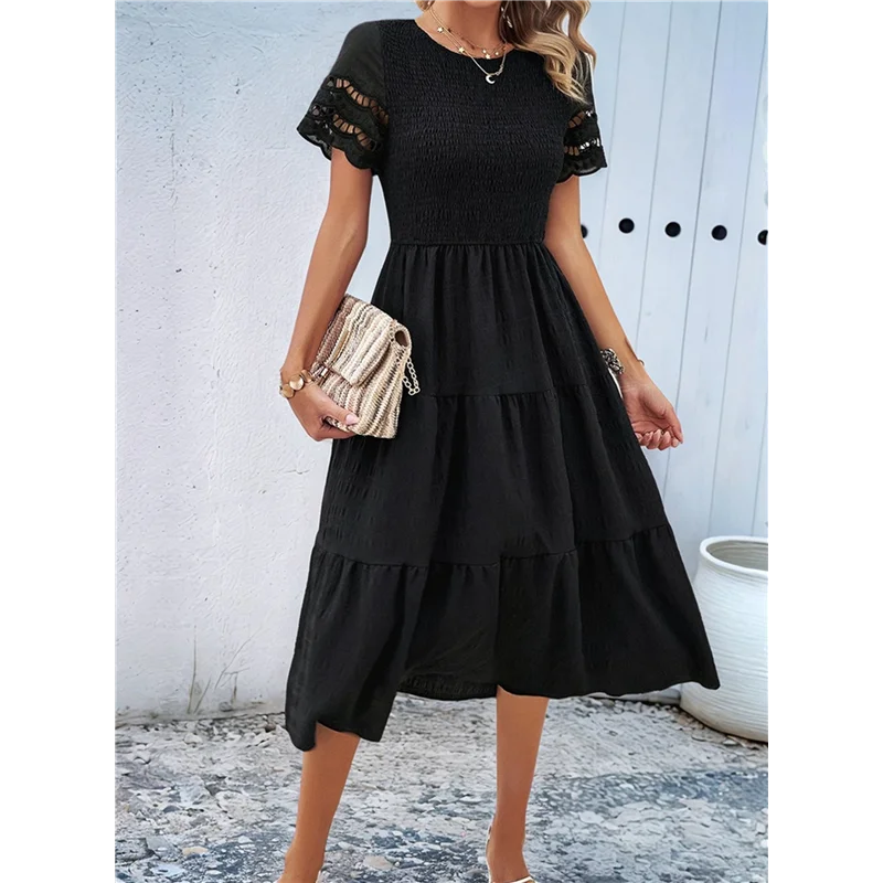 A83F-Vestidos elegantes de color sólido para primavera y verano para mujer, vestido largo recortado con cuello redondo