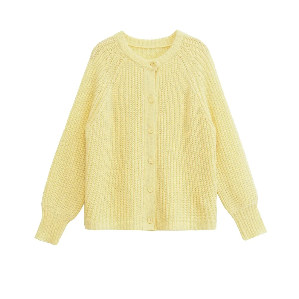 

KONDALA Elegant Women Casual Rough Knit Sweater Coat O-Neck Button Yellow Cardigan 2025 Fall Winter Fashion Cute Sweater Tops