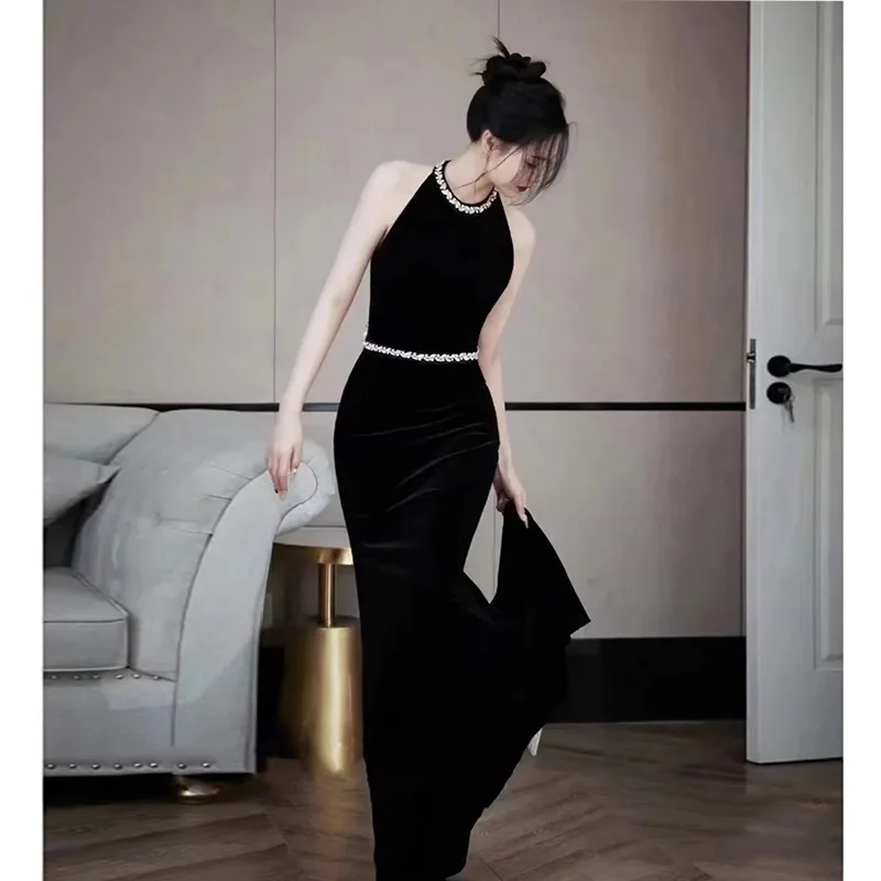 Women Black Velour Mermaid Formal Evening Dresses Sexy Heart Backless Long Prom Gowns