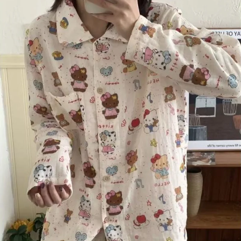 

new Sanrio Hello Kitty Cartoon Pajamas Set Women Homewear Casual Sweet Cartoon Kawaii Spring Autumn Long Sleeve Nightwear Set