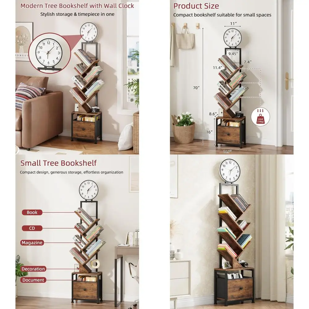 

6 Tier Tree Bookshelf with Clock and Fabric Drawer, Small Narrow Bookcase, Tall Floor Standing Book Shelf for Bedroom, Living Ro
