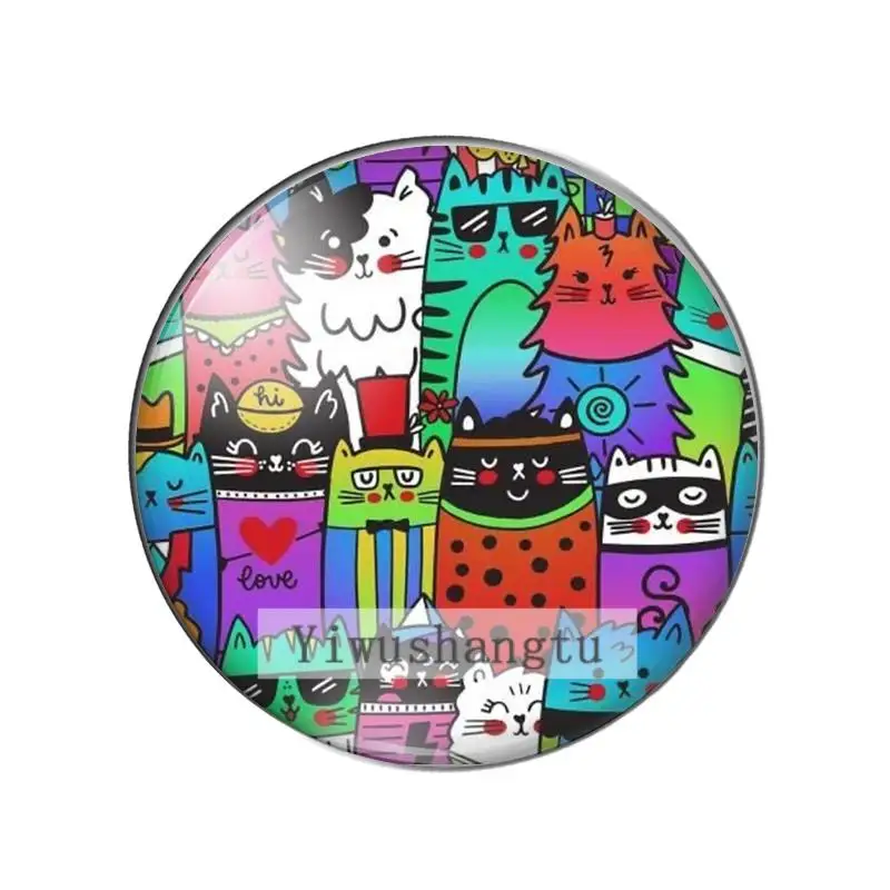 Cartoon colorful cats group painting 10mm/12mm/18mm/20mm/25mm Round photo glass cabochon demo flat back Making findings