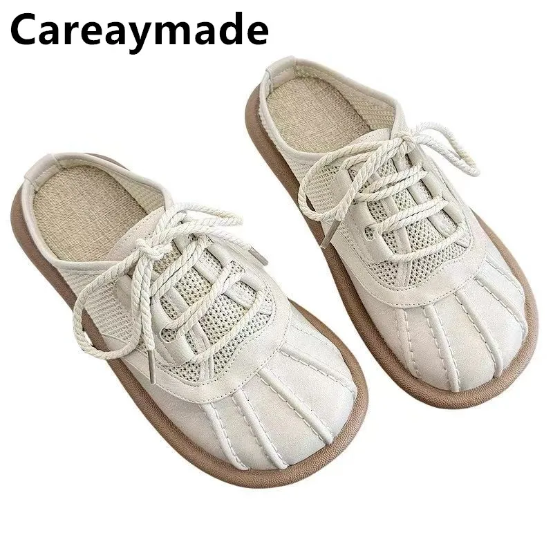 

Careaymade-Summer Retro linen sole men's Slippers,Women's Shell Head Mesh Sandals, Artistic One Step Stepping Student Lazy Shoes