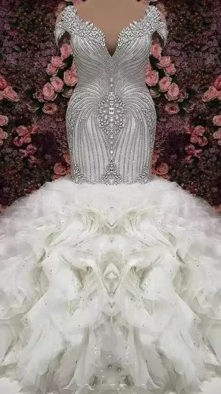 

Customized Crystals Beaded Wedding Dresses Mermaid Bridal Gowns Tulle Ruffles Long Train Wedding Vestidos Custom Made
