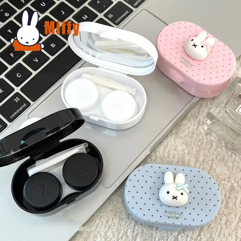 Kawaii Miffy Contact Lens Case Cute Rabbit Portable Travel Storage Box Polka Dot Design Compact Mirror Built-in Daily Use Gift