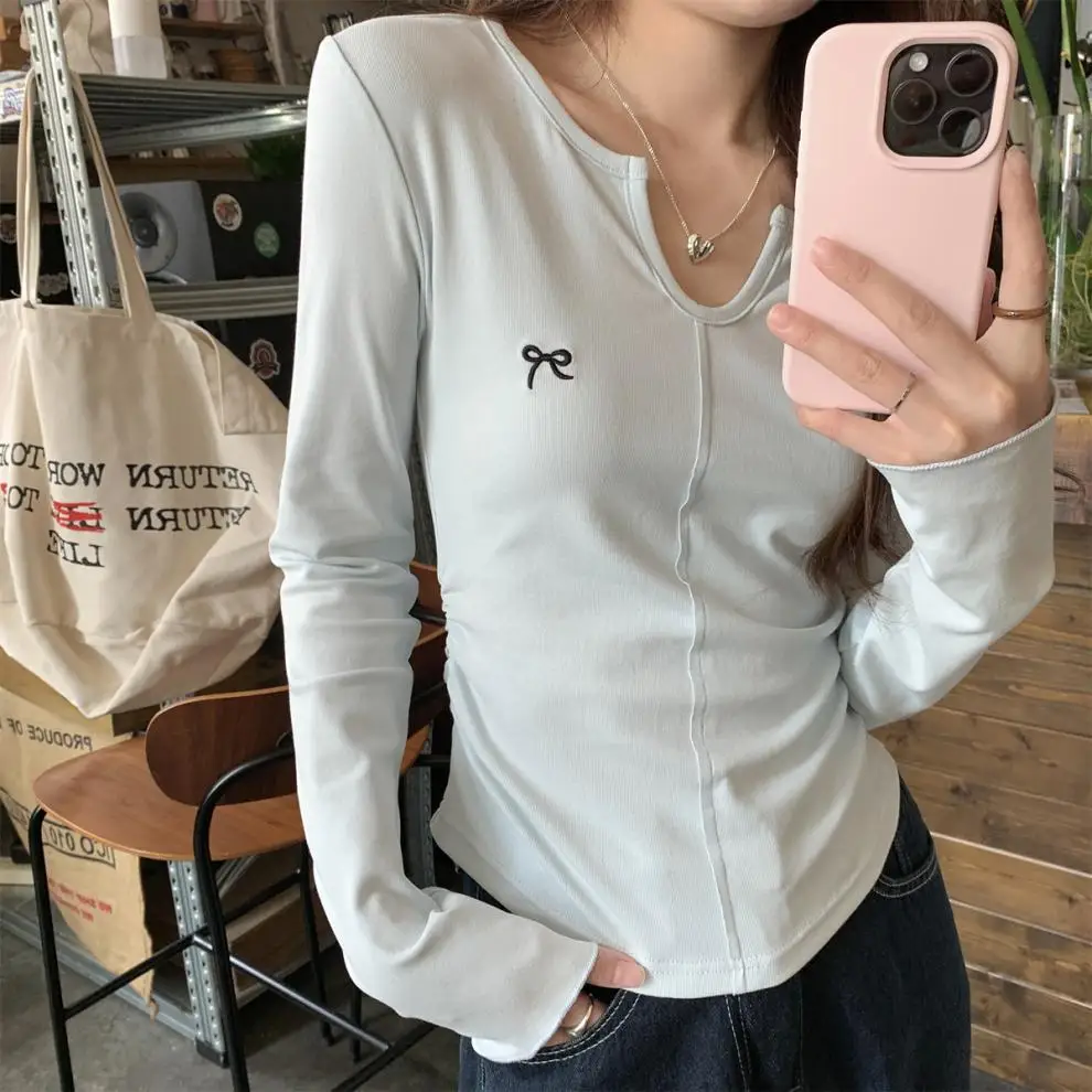 Autumn new slim fit half open collar pleated fishbone embroidery design cotton long sleeve shirt bottoming top