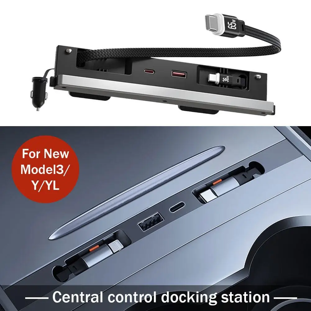 Car Central Control Docking Station USB  A Type C Hub Charger for Tesla Model 3/Y/YL Retractable Charging Cable Adapter