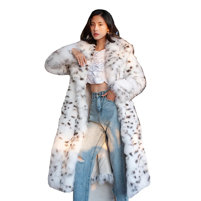 Mantel bulu wanita, mantel Windbreaker kulit hangat musim dingin ukuran besar, setelan Panjang motif macan tutul titik hitam, mantel bulu rubah imitasi