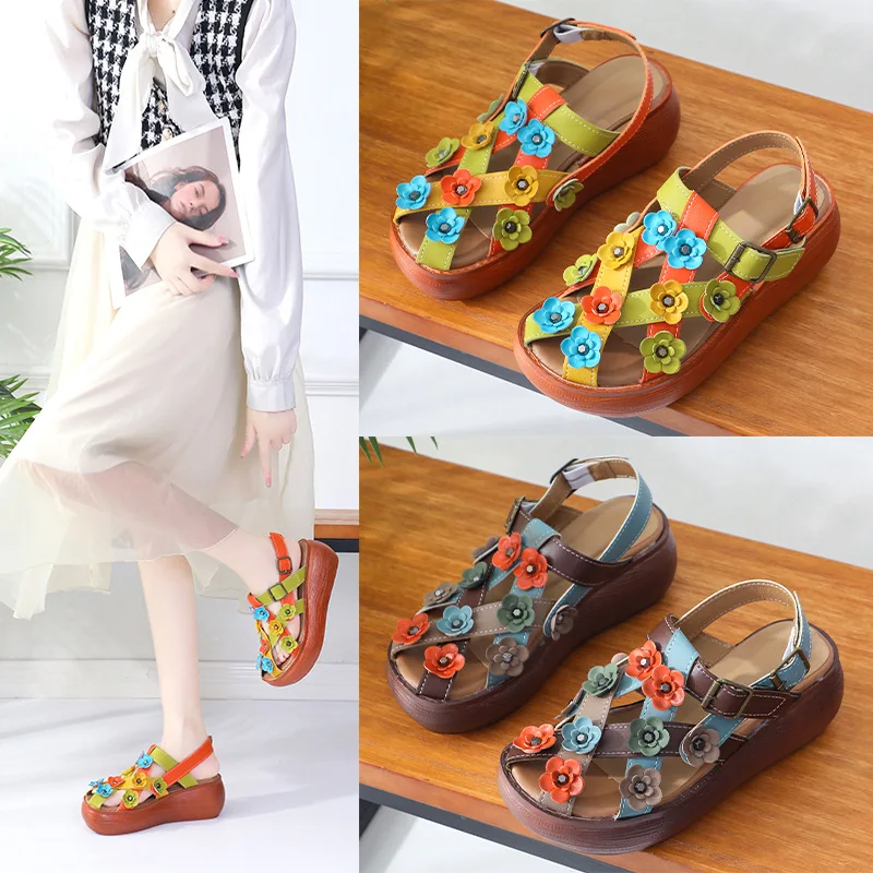 ZXRYXGS High Quality Microfiber Leather Classic Flowers Sandals Fashion Shoes 2024 New Summer Wedges Sandals Women Sandal Shoes