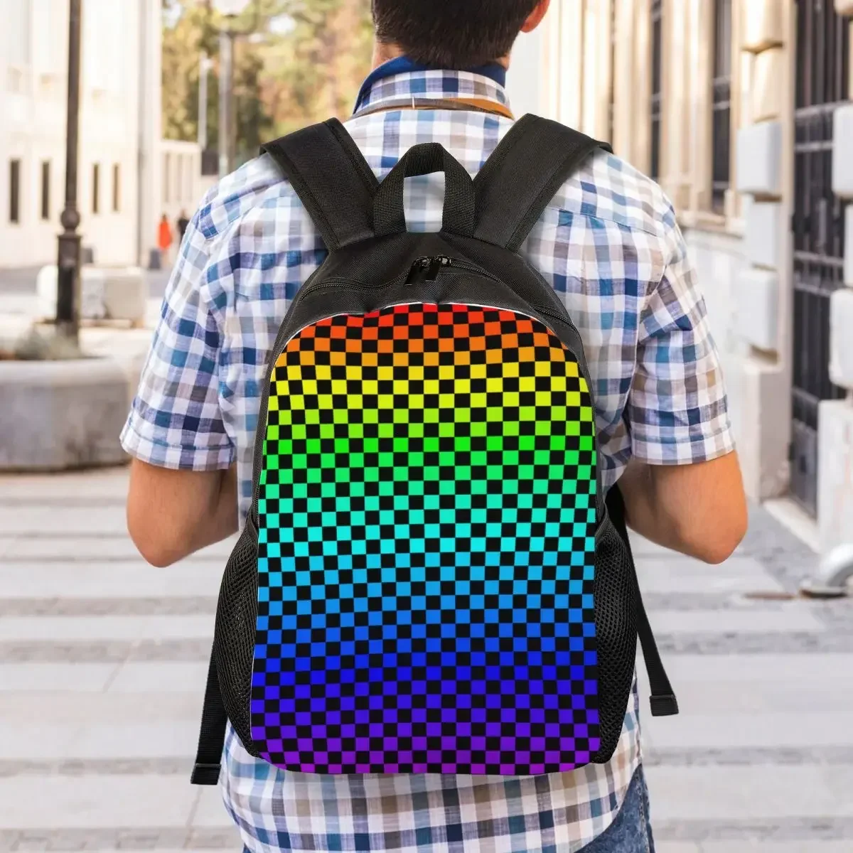 Personalized Black And Rainbow Squares Pattern Checkered Flag Backpacks Men Women Fashion Bookbag for School College Bags