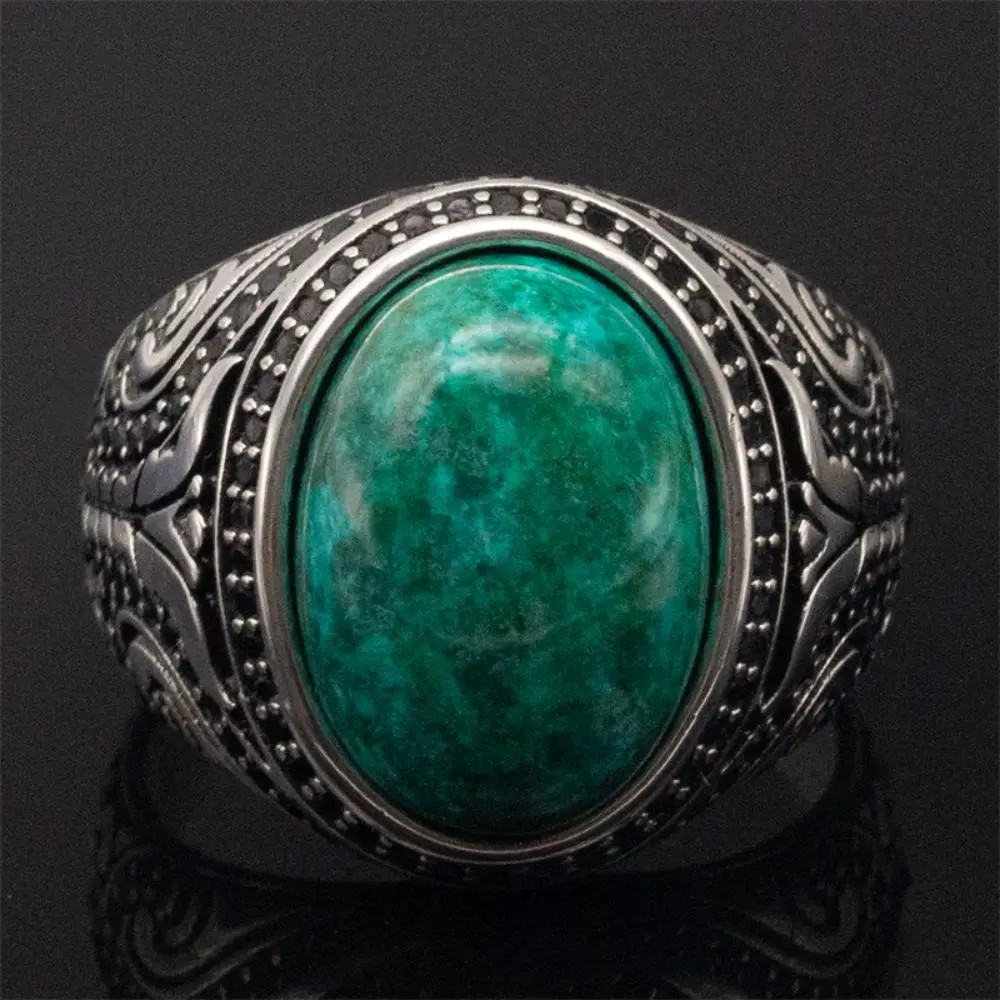 Real 925 Sterling Silver Ring for Men Natural Chrysocolla Stone Handmade Vintage Turkish Silver Ring for Male