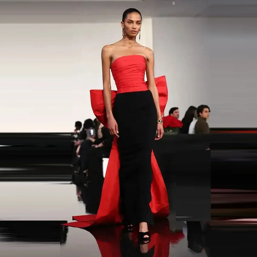 Arco vermelho lindo sem alças vestidos de festa à noite preto 2 cores vestidos de baile longos ocasiões especiais vestido formal sobreposição