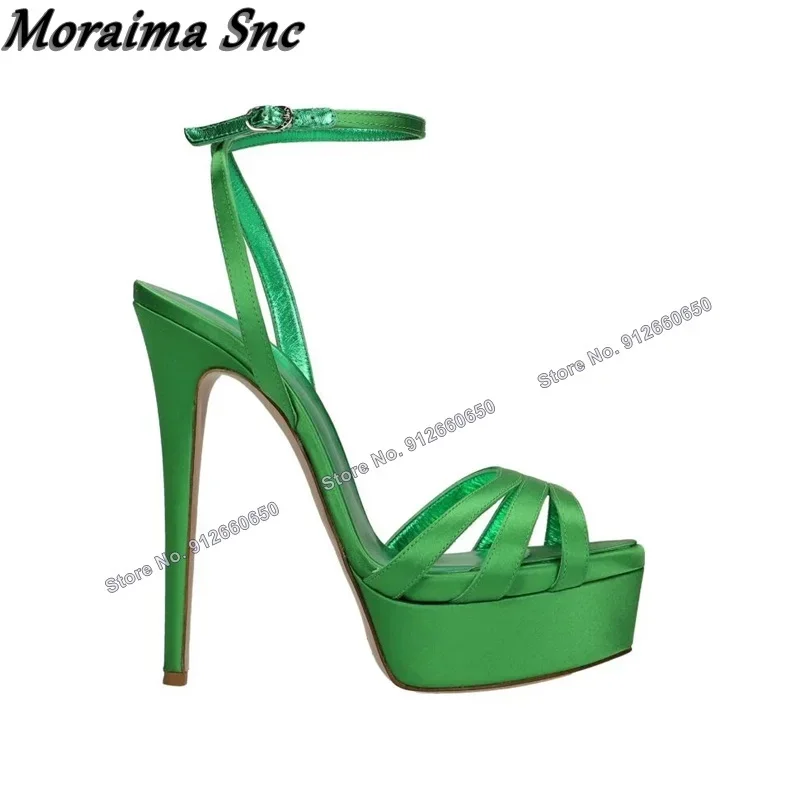 

Moraima Snc Green Solid Stain Platform Sandals Peep Toe Spike Heel Ankle Buckle Sandals High Heels Sexy Wedding Shoes on Heel