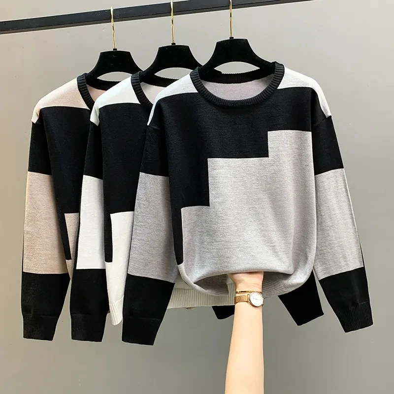 2024 New Color Blocking maglioni coreani donna Classic manica lunga O-collar temperamento sciolto Pullover lavorato a maglia tutto-fiammifero Top