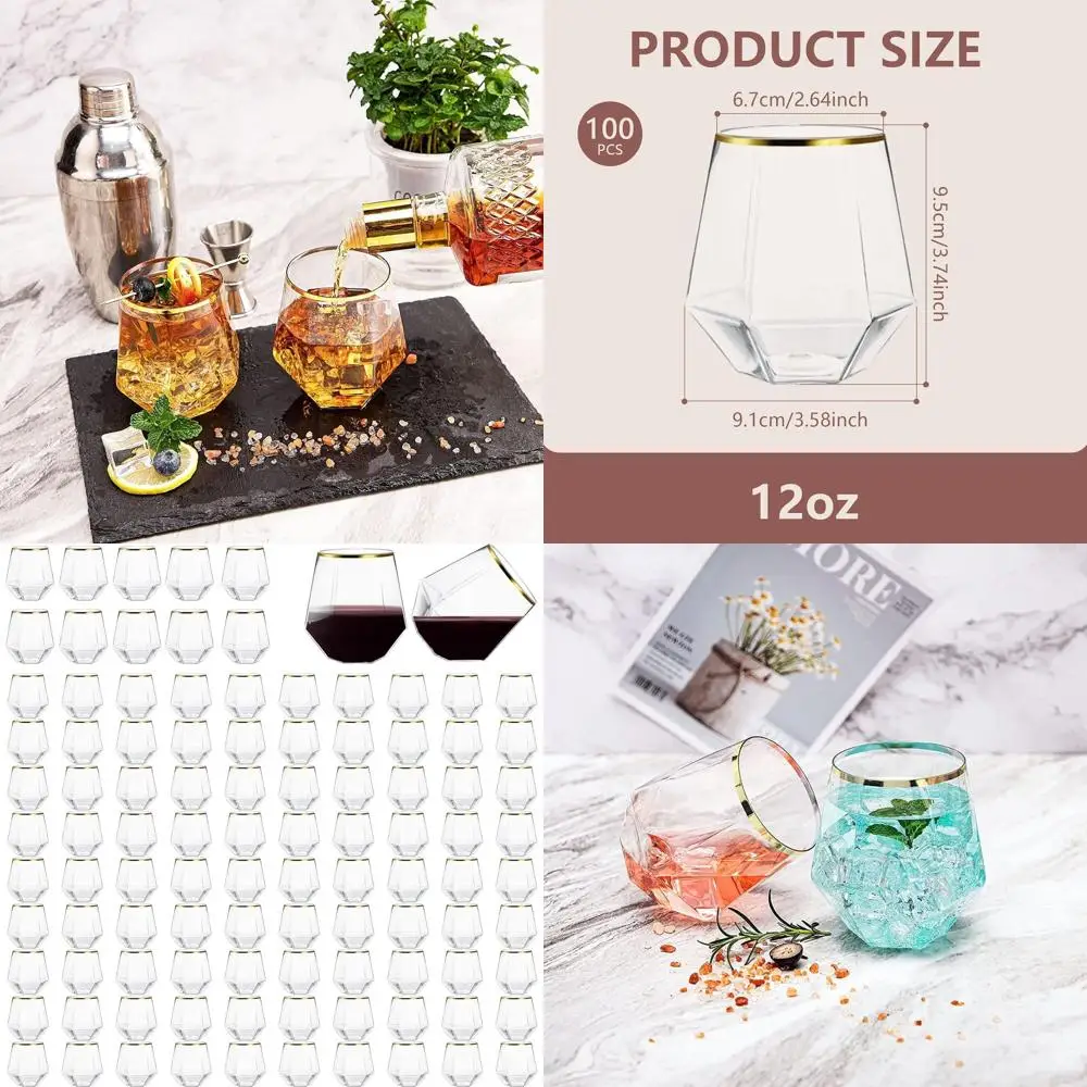 

Set of 100 12oz Gold Rimmed Stemless Plastic Wine Glasses - Disposable Diamond Glasses for Parties & Events