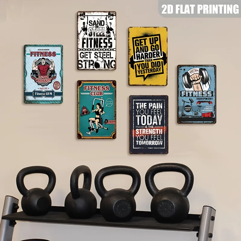 Vintage Fitness-Themed Metal Sign Set of 6, Distressed Nostalgic Motivational Decorative Wall Art, Suitable for Home Gyms, Fitne