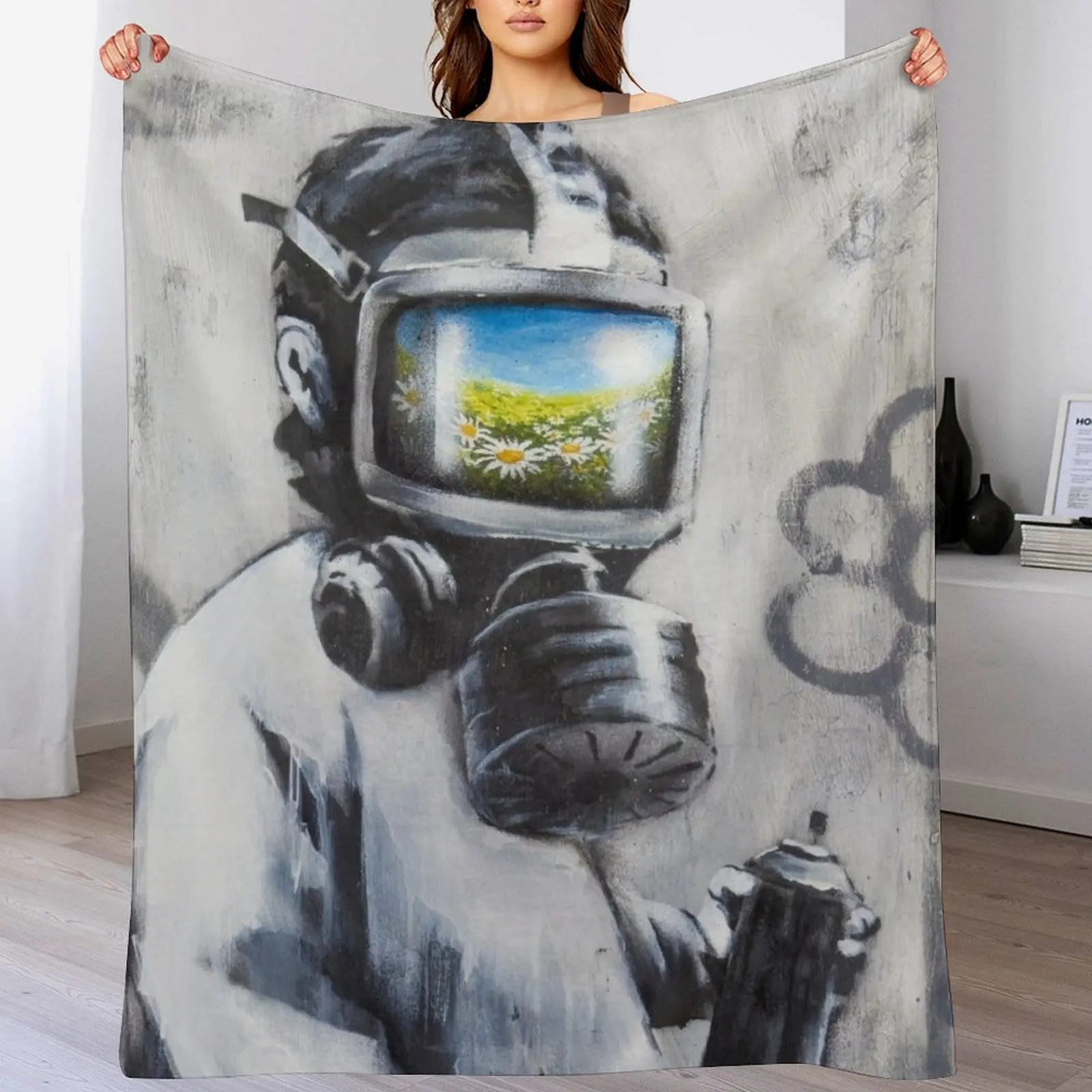 Banksy Gas Mask Boy Art Throw Blanket Soft Sherpa Fleece Warm Blanket for Winter