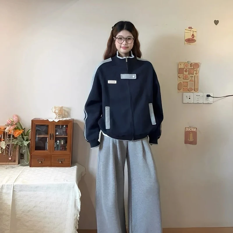 Americano retalhos jaqueta de beisebol feminino y2k streetwear solto zíper feminino suor outono gola listrado colheita outerwear