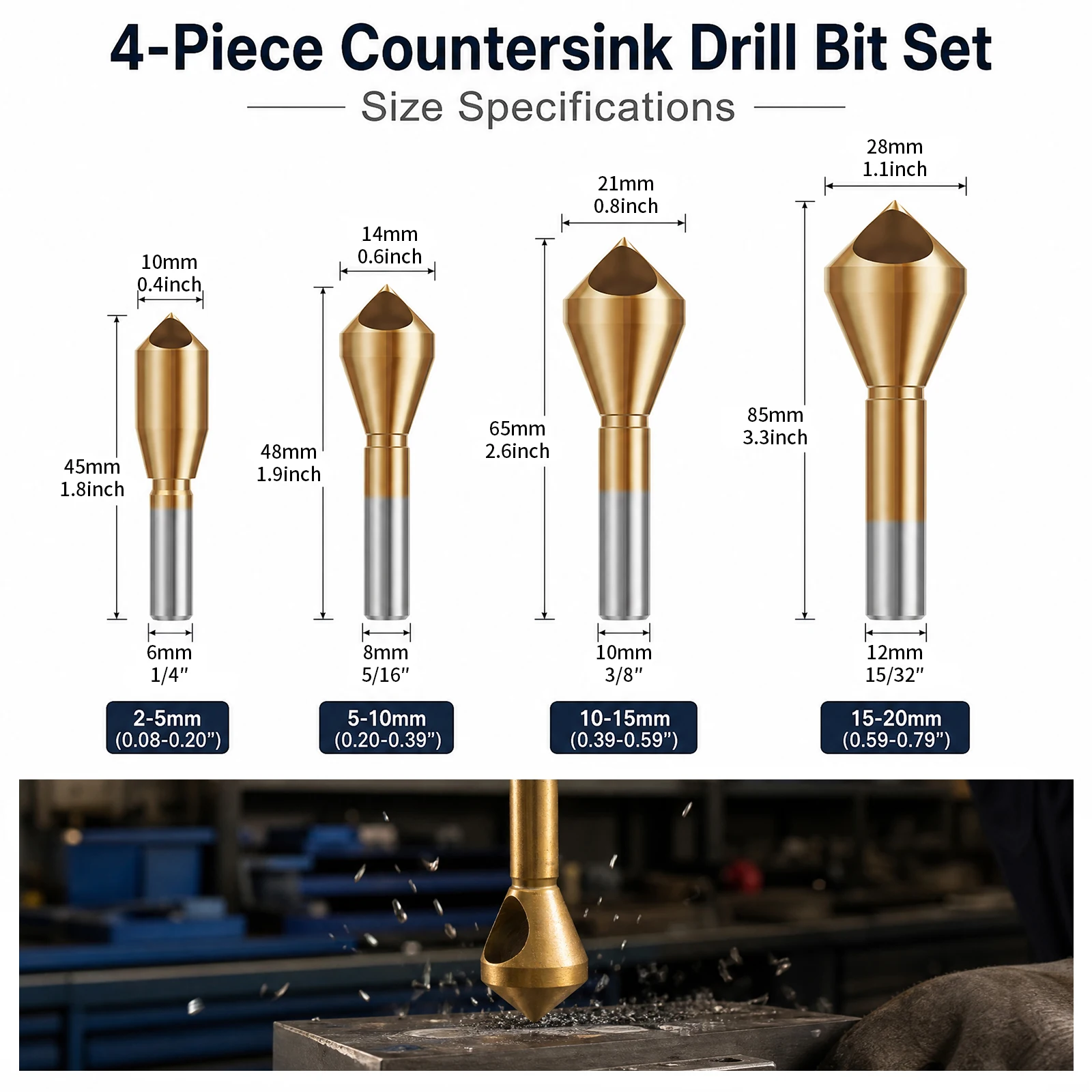 4Pcs Titanium Coated HSS Countersink Deburring Drill Bit Set 90 Degree Cross Hole Chamfer Cutters for Metal Woodworking Drilling