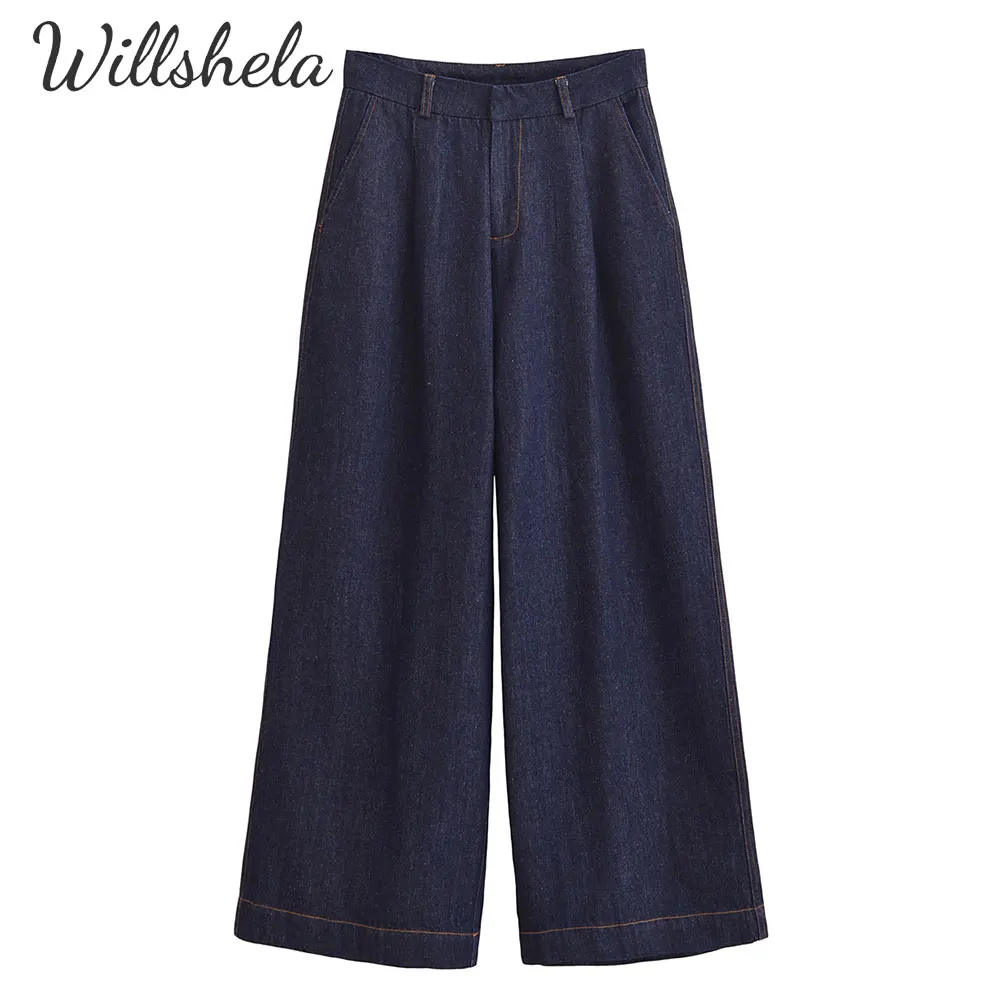 

Willshela Women Fashion NavyBlue Denim Wide Leg Jeans Pant Female Chic Lady Casual Long Trousers
