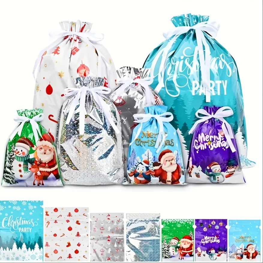 21pcs Christmas Gift Bags Drawstring Wrapping Sacks Festive Holiday Presents Packaging, Xmas Themed PP Party Favor candy Bag