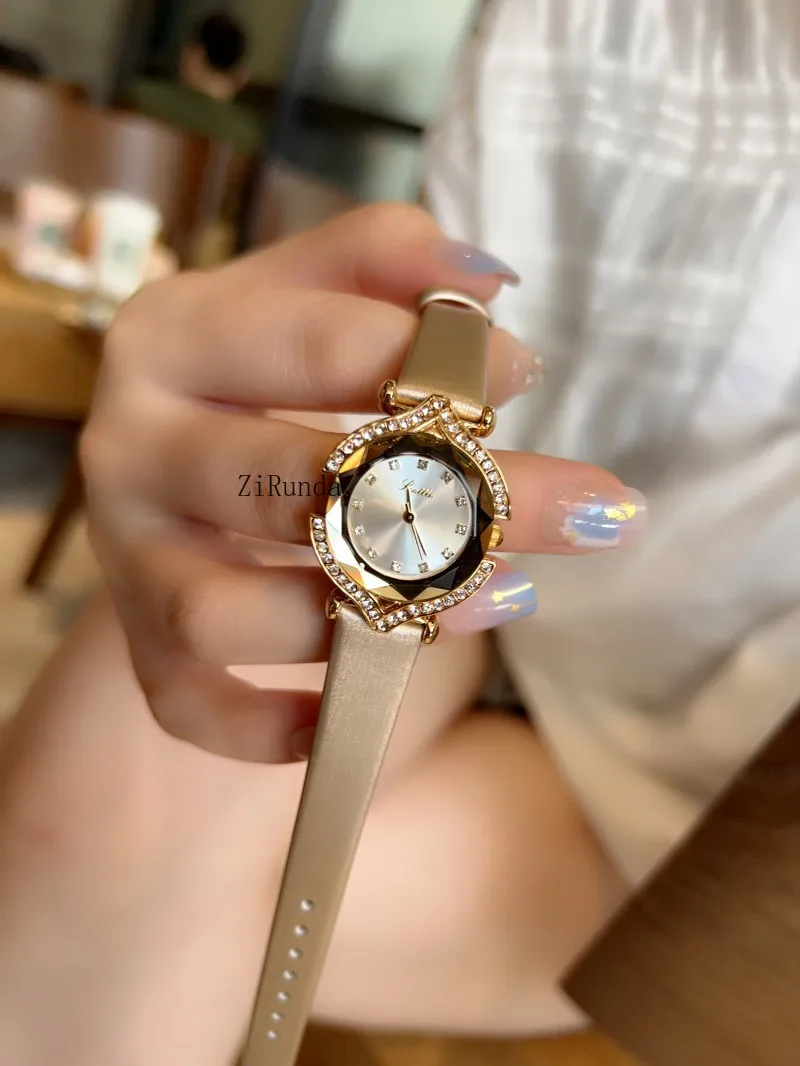 ساعة جديدة مدمجة وأنيقة بحزام من المشمش الناعم، ساعة كوارتز للسيدات سطح قشرة مقطوعة بالكريستال #5