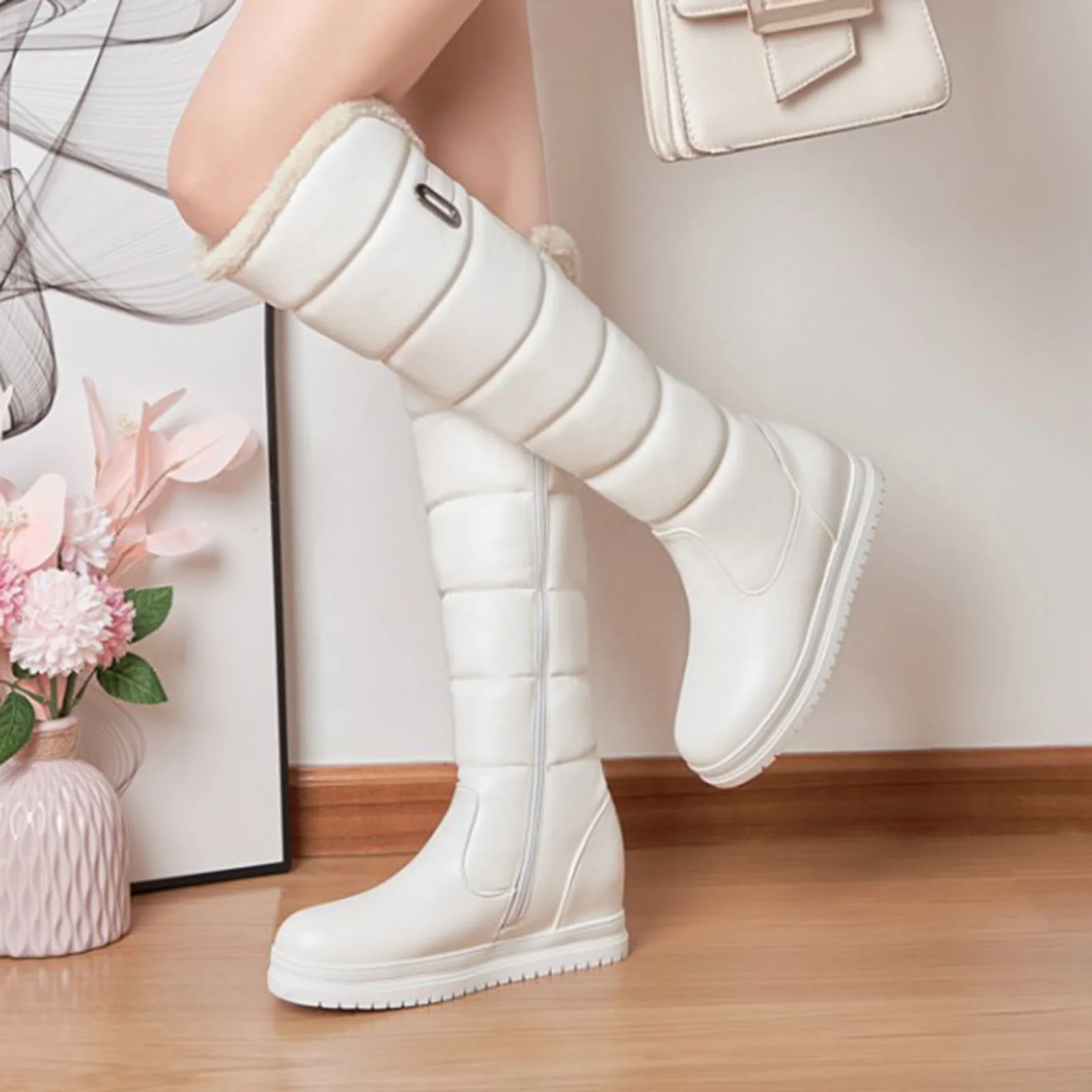 Botas cálidas para mujer con forro blanco botas de invierno anchas botas de media pantorrilla de agua para senderismo trabajo al aire libre invierno elegante y cálido