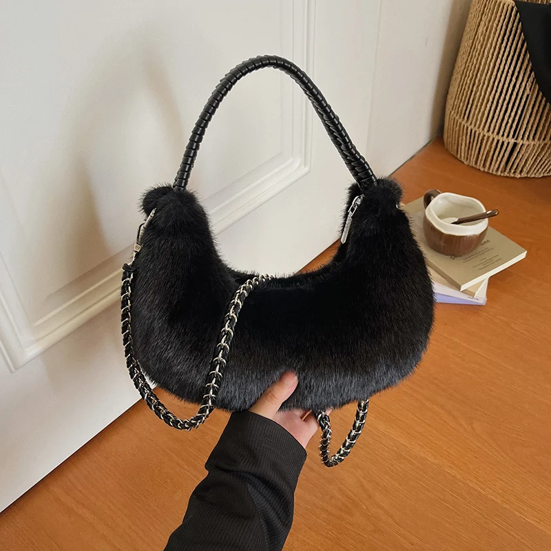 Halbmond-Design Lammwoll-Handtasche Clutch für Damen 2026 Winter Weiche Flauschige Handtasche Halbkreis-Plüsch-Umhängetasche Bolsa – Detail 25