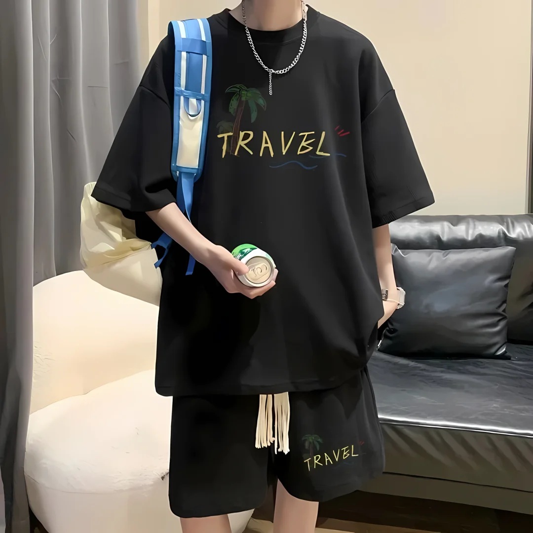 

New fashionable men's trendy loose casual sports suit men's short sleeved shorts two-piece set