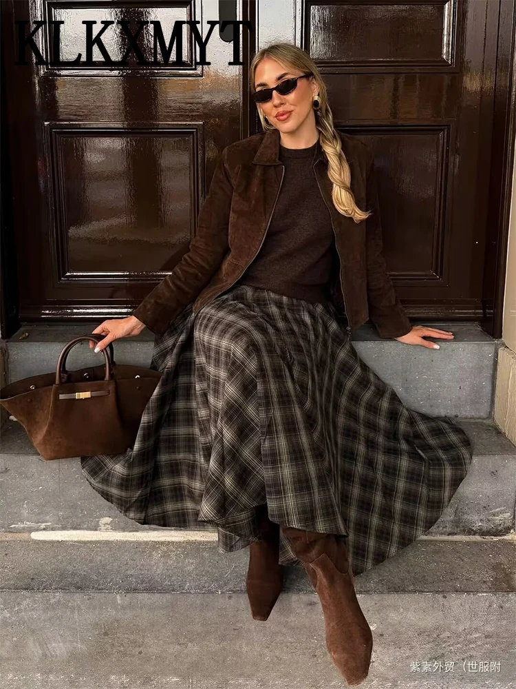 シックでエレガントなロングスカート女性のためのファッションチェックプリーツミディスカートハイストリートカジュアル女性のスカート気質新しいスカート