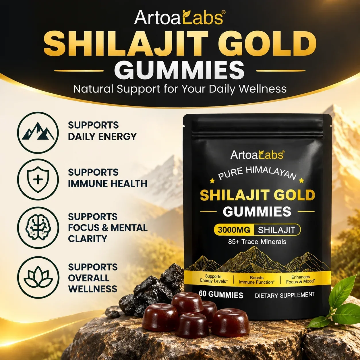 Himalayan Shilajit Gummies Supports Daily Energy & Mental Focus with 3000mg Shilajit 85+ Trace Minerals Vegan Sugar Free 60 Ct