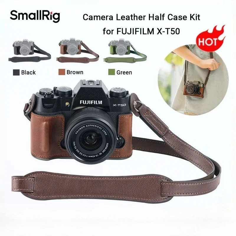 smallrig-x-t50-camera-leather-half-case-kit-4710-for-fujifilm-x-t50-retro-style-with-shoulder-strap-4709-4711