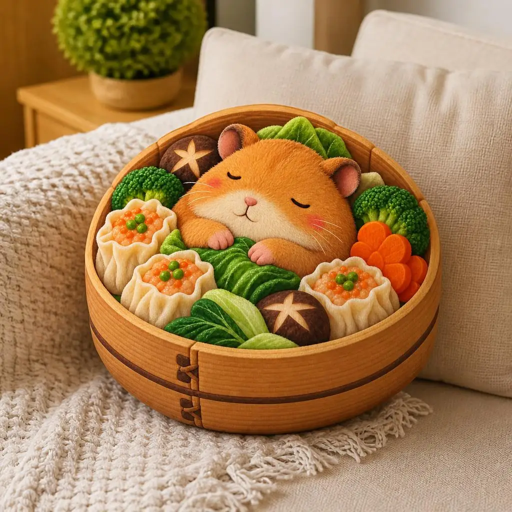 Cute Hamster Dim Sum Shaped Pillow Stuffed Cushion Bamboo Steamer Throw Pillow Asian Food Lovers Sofa Home Decor Gift Idea