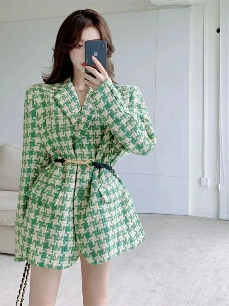 Insozkdg Women Plaid Long Coat Long Sleeves Blazers for Women Fashion Vintage Lady Chic Korean Jacket Spring Autumn Retro Coats