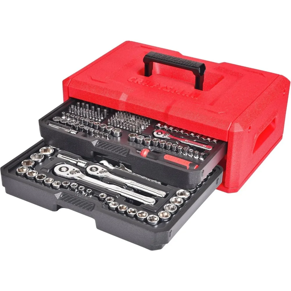 

256-Piece Comprehensive Hand and Socket Tool Set with 72-Tooth Compact Ratchet and Dual-Drawer Storage Box