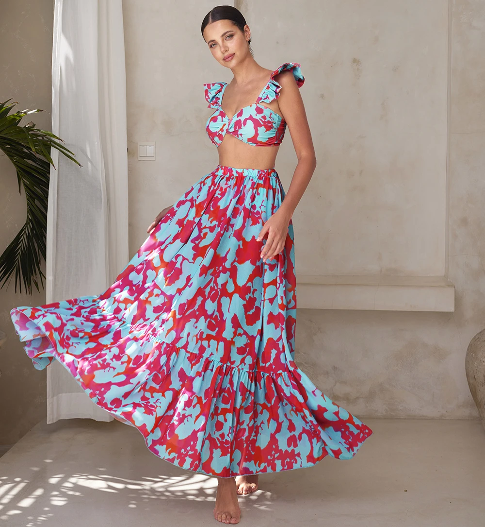 2024 Printed Ruffle Bikini and Skirt Vacation Swimwear Women Beachwear Bathing Suit Clearance Wholesale