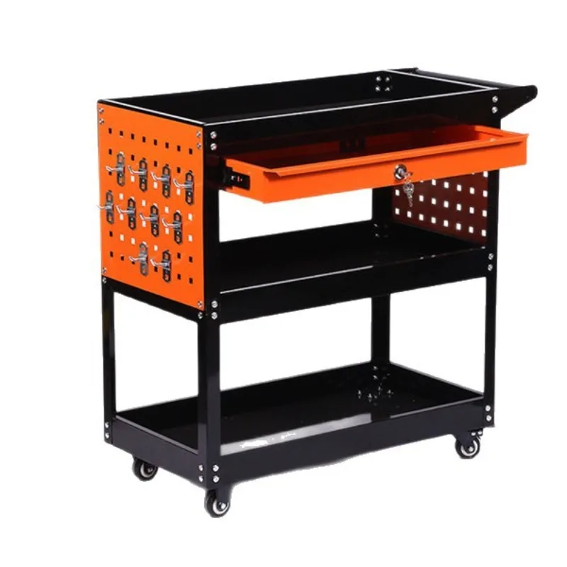 3 Drawer Brake Lockable Tool Cart With Side Hanging Panel For Auto Repair Workshop Mobile Service Parts Trolley Heavy Duty Steel