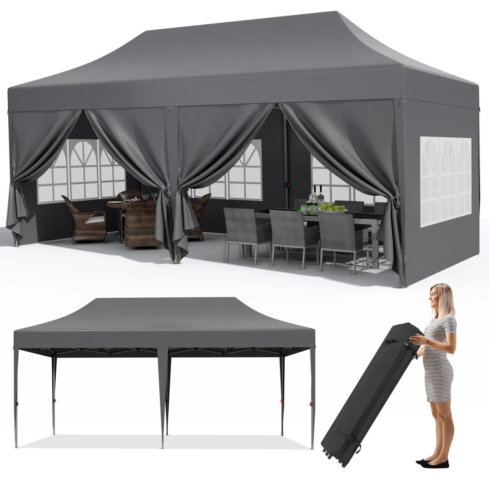 Pavilion Popup Gazebo 3x6m Waterproof Folding Gazebo Tent Party Tent with 4 Side Panels 6 Sandbag UV 50+ Height Adjustable 2-3M