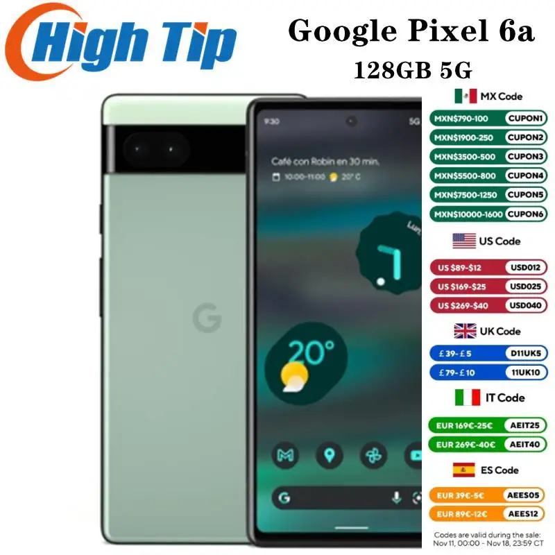 Разблокированный оригинальный мобильный телефон Google Pixel 6a 5G, 6,1-дюймовый OLED-экран, 6 ГБ ОЗУ, 128 ГБ ПЗУ, 12,2 МП + 12 МП + 8 МП, мобильный телефон Android