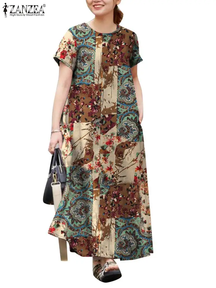 Vintage Floral Printed Dresses ZANZEA Summer Maxi Long Dress Bohemain Women O Neck Short Sleeve Sundress Casual Baggy Robe Femme