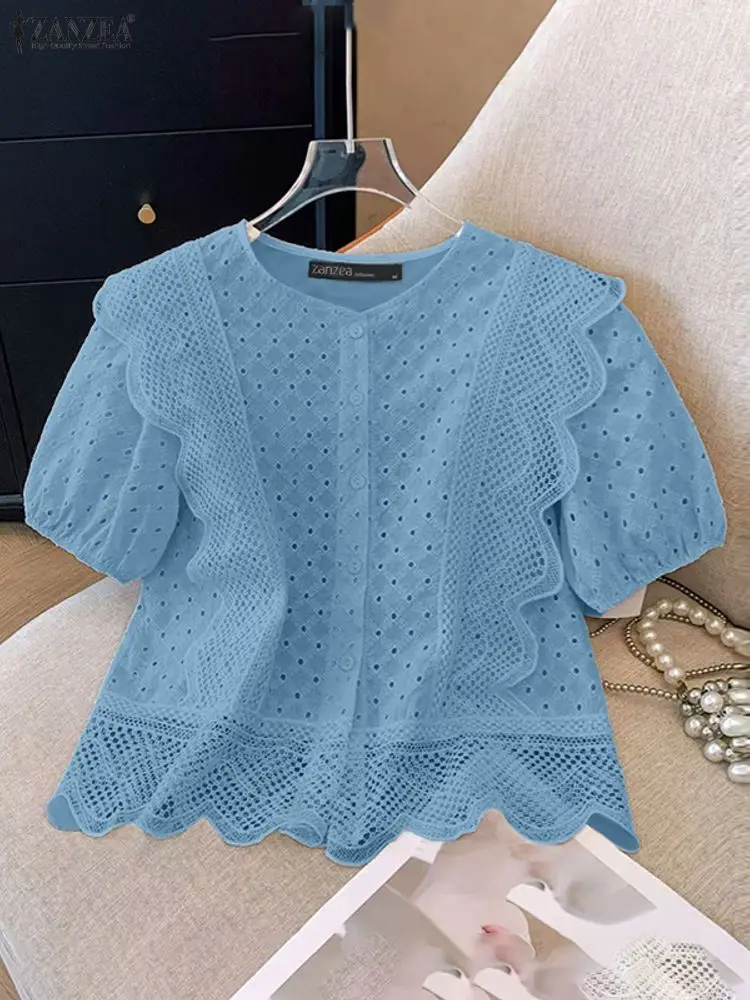 ZANZEA femmes chemisier brodé 2025 été chemise creuse élégant col rond manches courtes hauts élégant vacances Blusas tunique Femme