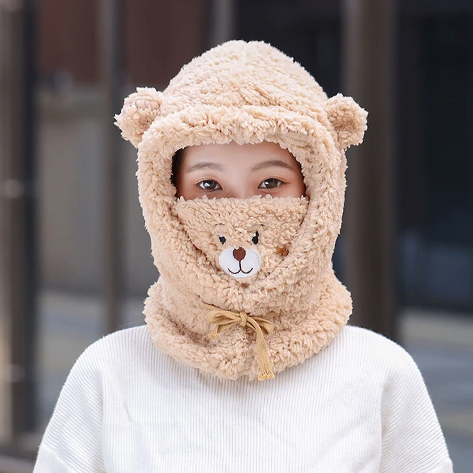 Hat Turn Towel One Women Plush Thickened Cute Bear Plush Lamb Cashmere Cold Proof Student Girl Ear Mask Winter Warm Khaki